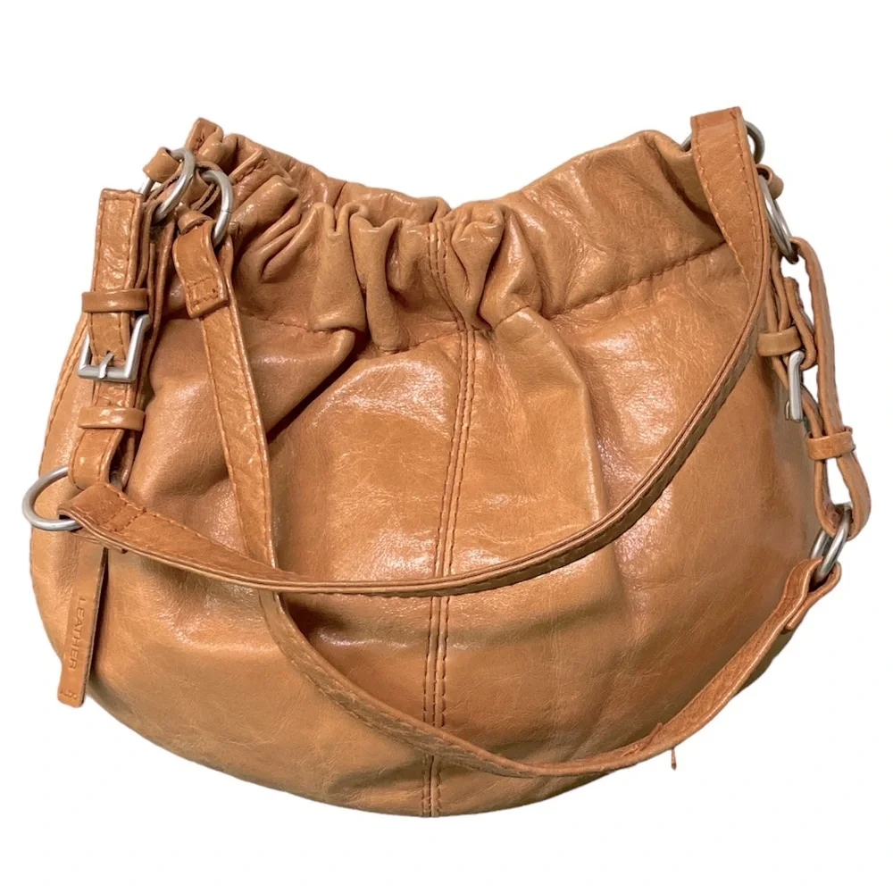ASOS Leather Bag Purse Tan Ruched Bohemian Chic - Picture 1 of 17